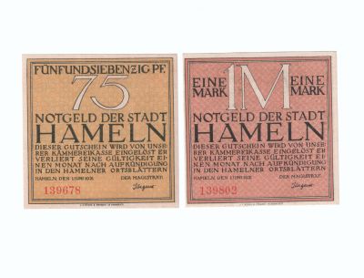 Нотгельды 75 пфеннигов и 1 марка Хамельн (Hameln)