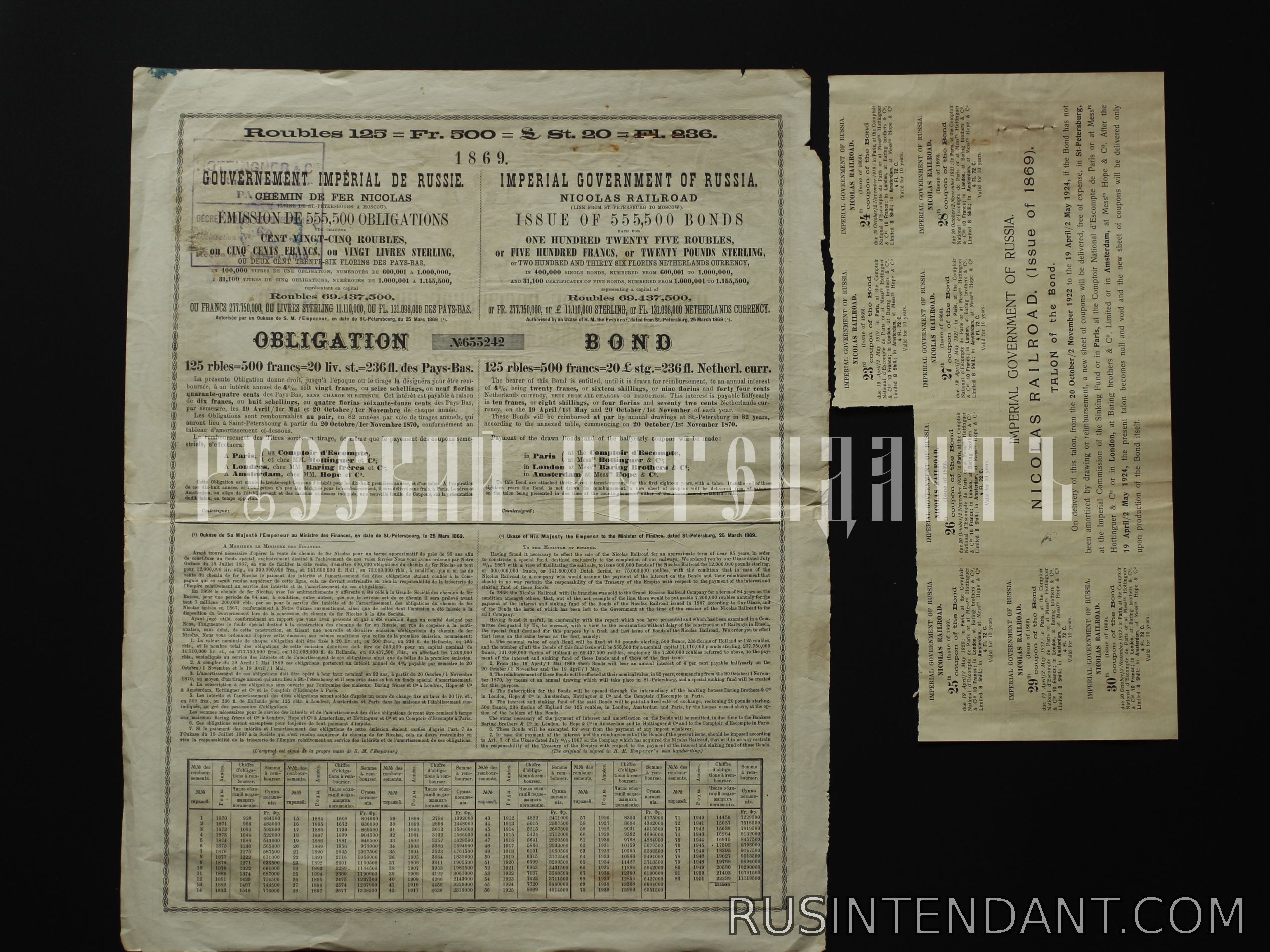 Фото 2: Облигация Николаевской железной дороги 1869 года 