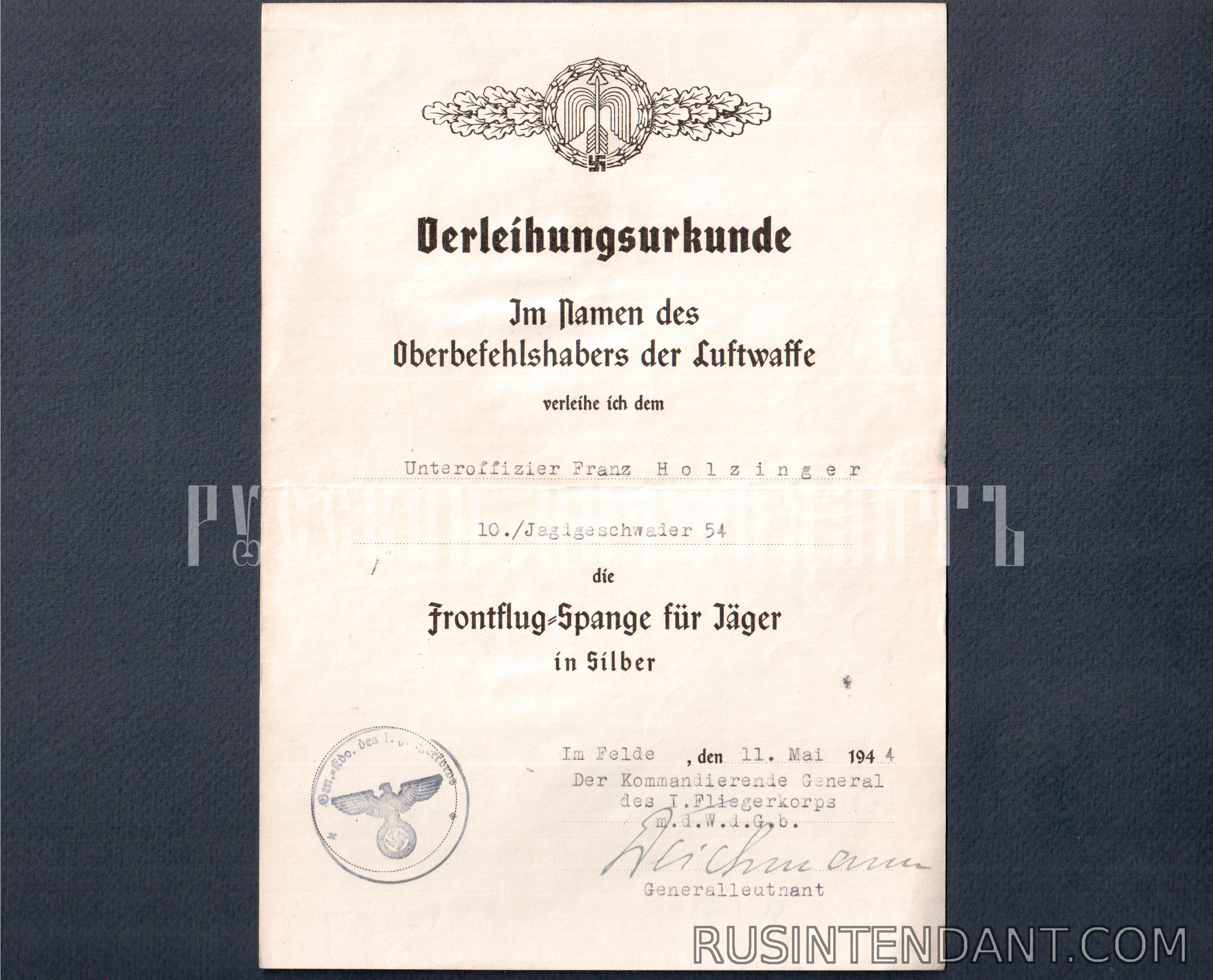 Фото 2: Шпанга истребительной авиации в серебре с наградным листом 